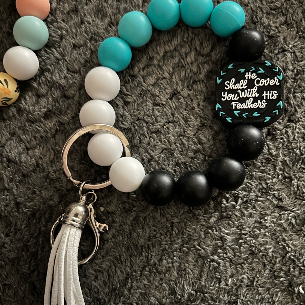 Hand Crafted Turquoise White Black Beaded Keyring with Tassel